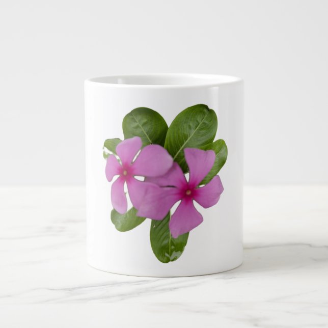 Taza De Café Gigante Flores rosadas de perwinkle con hojas verdes (Frente)