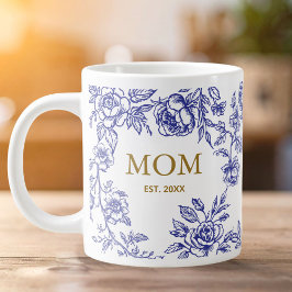 Taza De Café Gigante Flores Vintage Toile De Jouy Azul Día de la Madre 