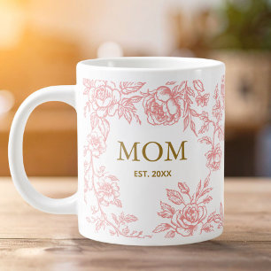 Taza De Café Gigante Flores Vintage Toile De Jouy Rosa Día de la Madre 