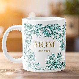 Taza De Café Gigante Flores Vintage Toile De Jouy Verde Día de las Madr