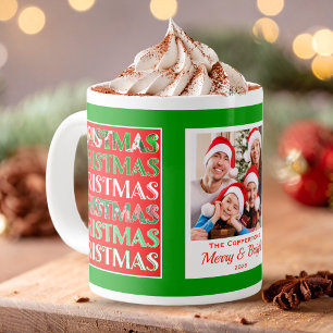 Taza De Café Gigante Foto Navideña Familiar Verde Retro Festiva