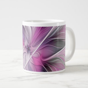 Taza De Café Gigante Fractal floral moderno abstracto flor rosa gris