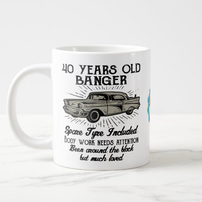 Taza De Café Gigante Funny 40th Birthday Retro Car Banger Añadir Fecha (Izquierda)