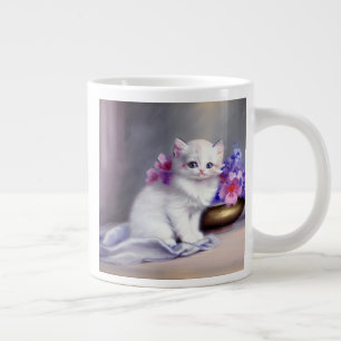 Taza De Café Gigante Gatito blanco vintage con flores rosadas y moradas