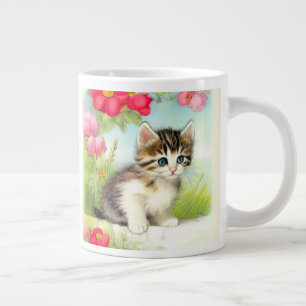 Taza De Café Gigante Gatito blanco y marrón vintage con flores