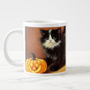 Taza De Café Gigante Gatito de Halloween blanco y negro vintage