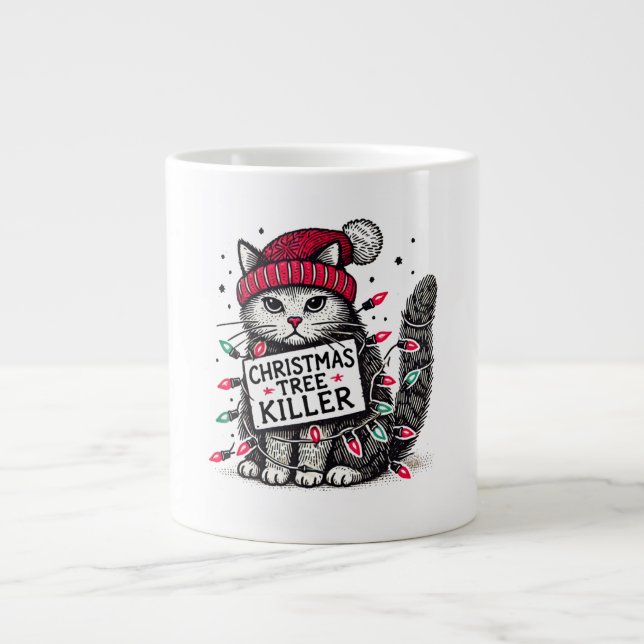 Taza De Café Gigante gato asesino de árboles de navidad (Frente)