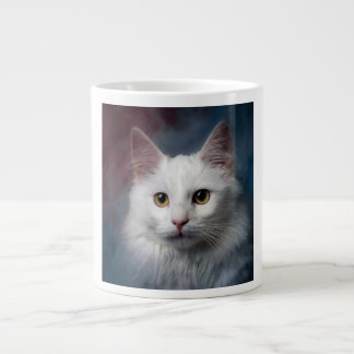 Taza De Café Gigante Gato blanco turco angora rojo azul