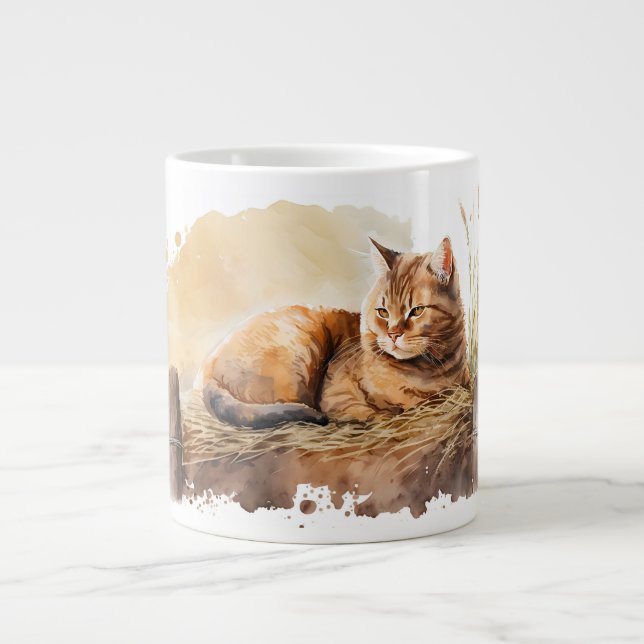 Taza De Café Gigante Gato De Garganta De Acuarela En Hay (Frente)
