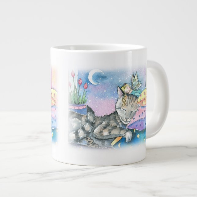 Taza De Café Gigante Gato de Tabby y hadas (Derecha)