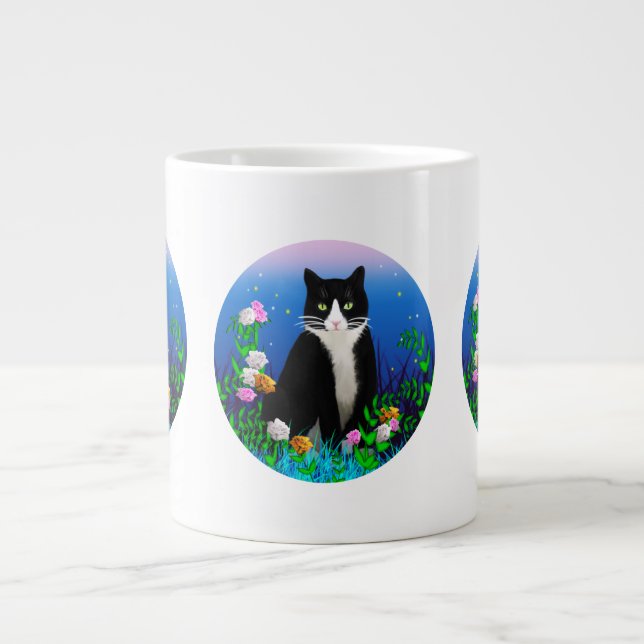 Taza De Café Gigante Gato de Tuxedo con jarra de flores (Frente)