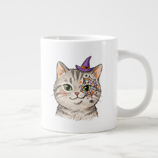 Taza De Café Gigante Gato Gris Tabby Lindo de Halloween Pintura Facial