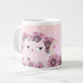 Taza De Café Gigante Gato Lindo Flores Rosadas