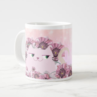 Taza De Café Gigante Gato Lindo Flores Rosadas