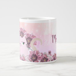 Taza De Café Gigante Gato Lindo Flores Rosadas