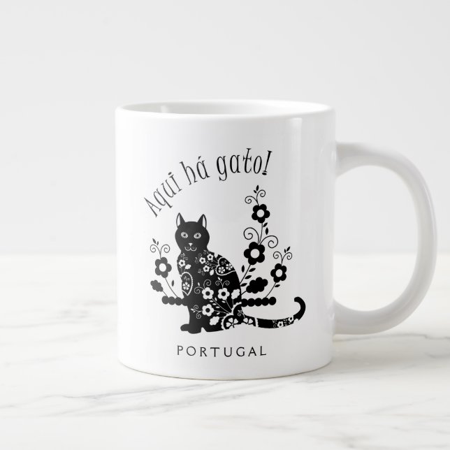 Taza De Café Gigante Gato negro con flores y expresión portuguesa (Derecha)