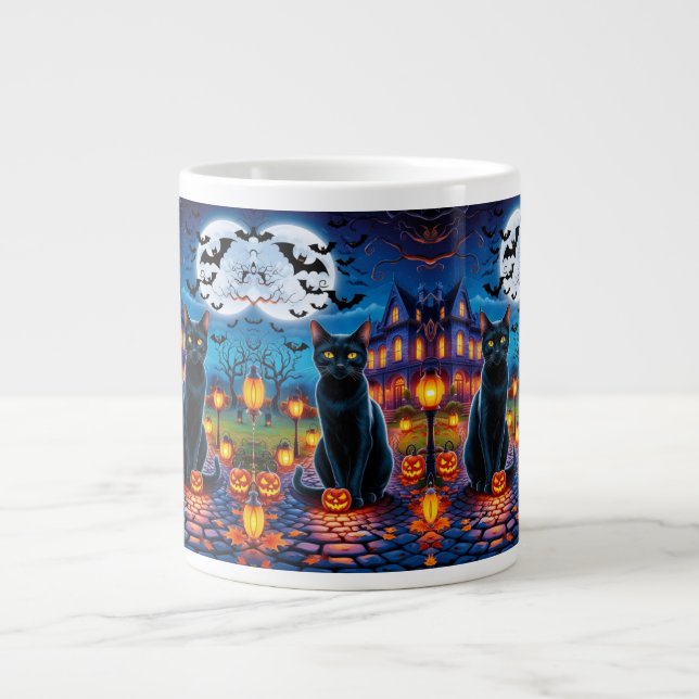Taza De Café Gigante Gato negro en el encantador paisaje de Halloween (Frente)