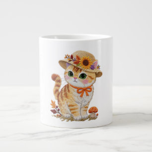 Taza De Café Gigante Gato Tabby Cottagecore con Hojas de Otoño Tri-Blen