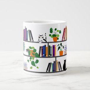 Taza De Café Gigante Gato tirado en una estantería, un libro de gatos y