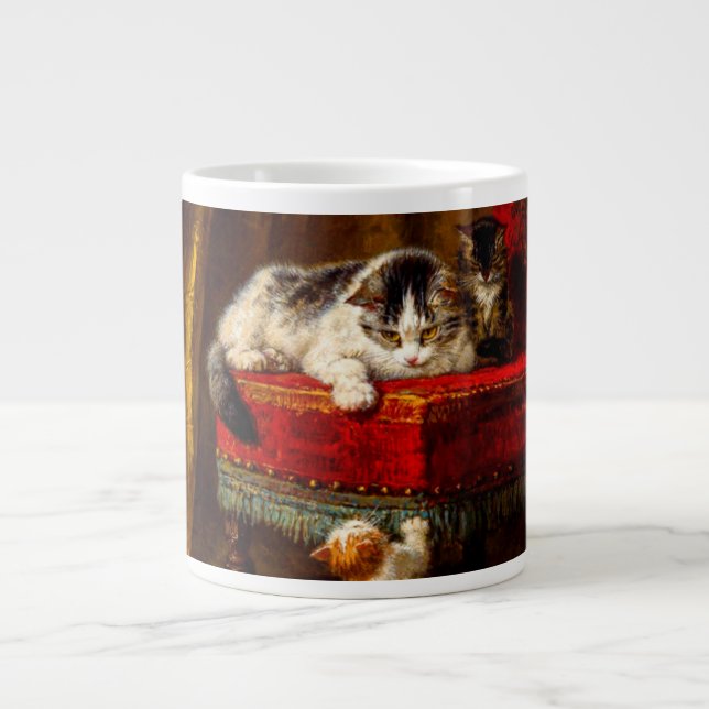 Taza De Café Gigante Gato y gatitos jugando con silla (Frente)