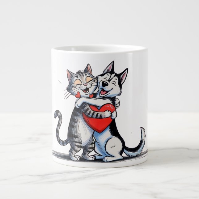 Taza De Café Gigante Gato y perro enamorados (Frente)