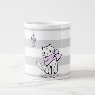 Taza De Café Gigante Gato y pez blanco tentado