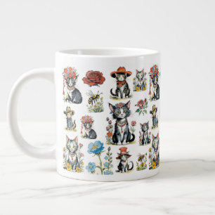 Taza De Café Gigante Gatos caprichosos en Gorras con flores y abejas