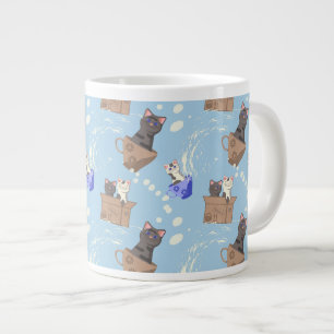 Taza De Café Gigante Gatos en caja y gotas de leche en azul