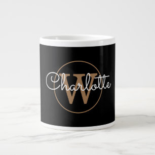 Taza De Café Gigante Girly Script Gold Monograma moderno negro