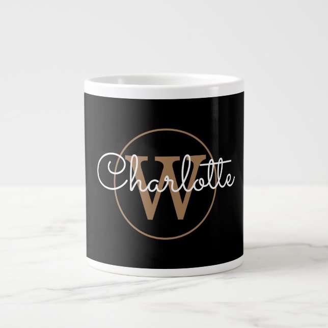 Taza De Café Gigante Girly Script Gold Monograma moderno negro (Frente)