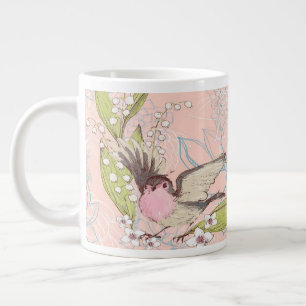 Taza De Café Gigante Gran Mug con fondo de color Peach Floral y pájaro