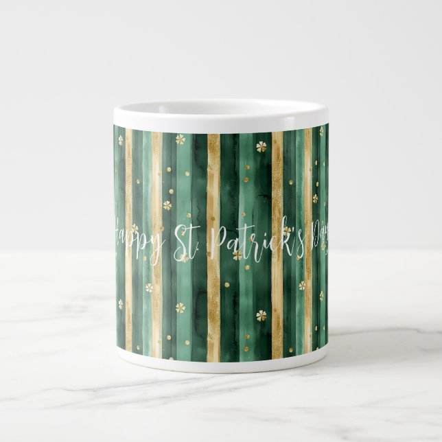 Taza De Café Gigante Green Gold Shamrock St. Patrick's Day Stripes (Frente)