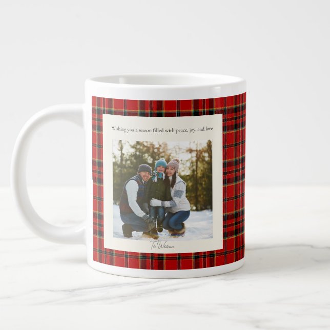Taza De Café Gigante Green Red Plaid Monogram 2 Photo Rustic Christmas (Izquierda)
