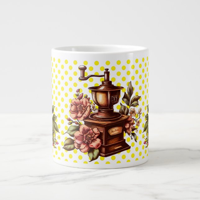 Taza De Café Gigante Grinadores de café de época puntos de polka amaril (Frente)