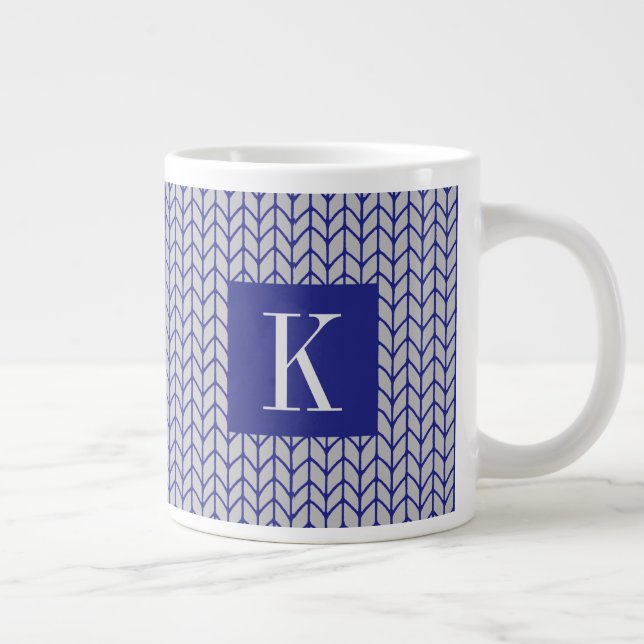 Taza De Café Gigante GRIS AZUL KNIT Big White Mug + Inicial II (Derecha)