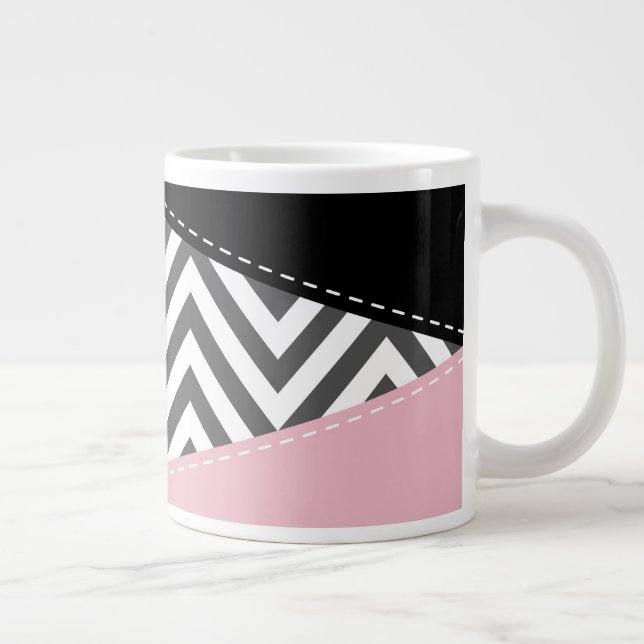 Taza De Café Gigante Gris Zigzag, Gris Chevron, Zigzag Pattern, Rosa (Derecha)