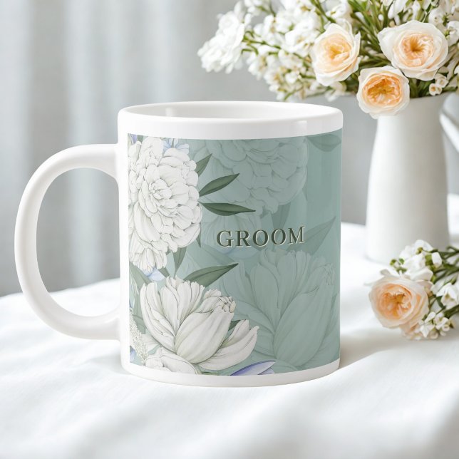 Taza De Café Gigante Groom Wedding Gift – Sage Green & Peonies Floral (Subido por el creador)