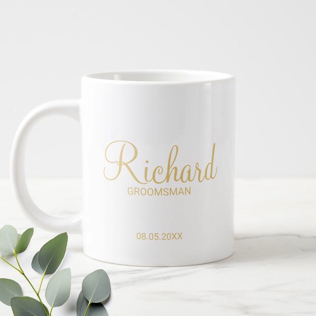 Taza De Café Gigante Groomsman personalizado con guión moderno de oro (Subido por el creador)