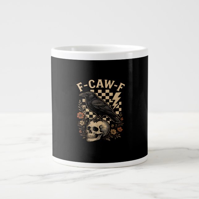 Taza De Café Gigante Halloween F-Caw-F Raven Bird F-Caw-F Crow Checkere (Frente)