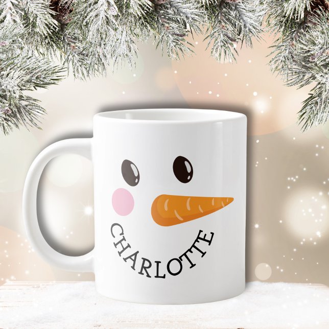 Taza De Café Gigante Happy Snowman Face Custom Name Holiday Gimbo Jumbo (Happy Snowman Face Custom Name Holiday Gift Jumbo Giant Coffee Mug)
