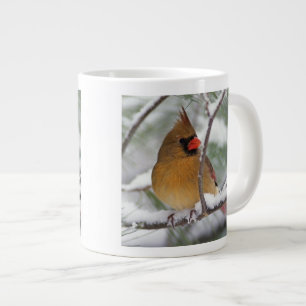 Taza De Café Gigante Hembra de cardenal norteño en pino nevado,