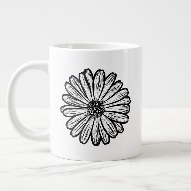 Taza De Café Gigante Hermosa flor de margarita, Ilustracion de semitono (Izquierda)
