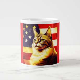 Taza De Café Gigante Hermoso Gato Con Antecedentes De Bandera Americana