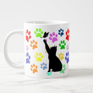 Taza De Café Gigante Hermoso patrón de patas y gato persiguiendo una ma
