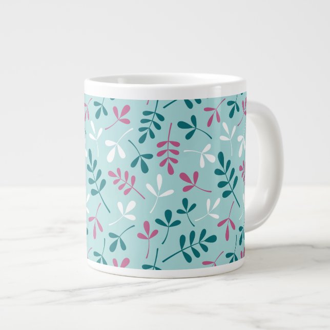 Taza De Café Gigante Hojas variadas, patrones de hojas rosadas blancas (Derecha)