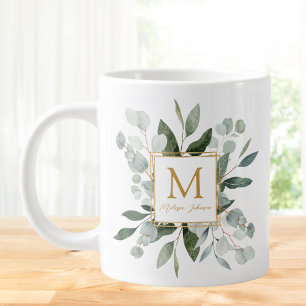 Taza De Café Gigante Hojas Verdes Tropicales de Acuarela con Monograma