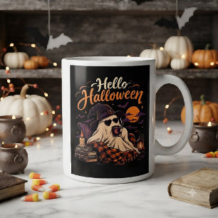 Taza De Café Gigante Hola Halloween Fantasma Lindo Bebiendo Café