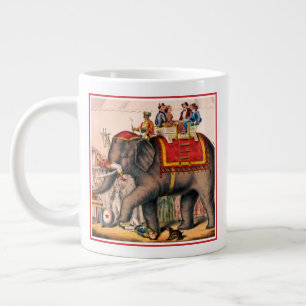 Taza De Café Gigante Hombres Actuando En Circo Con Un Elefante.