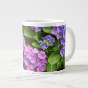 Taza De Café Gigante Hortensias, Azules, Rosadas, Malva, Hojas Verdes