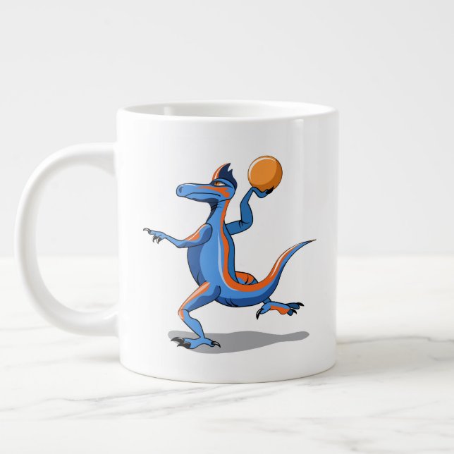 Taza De Café Gigante Iguanodon Personalizado jugando básquetbol. (Izquierda)